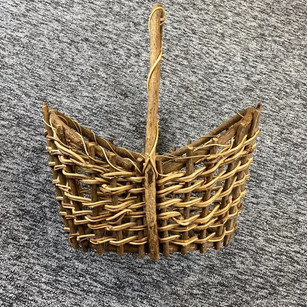 Old Rustic Twig Woven Basket Natural Vine Handle Folk Art Country Decor